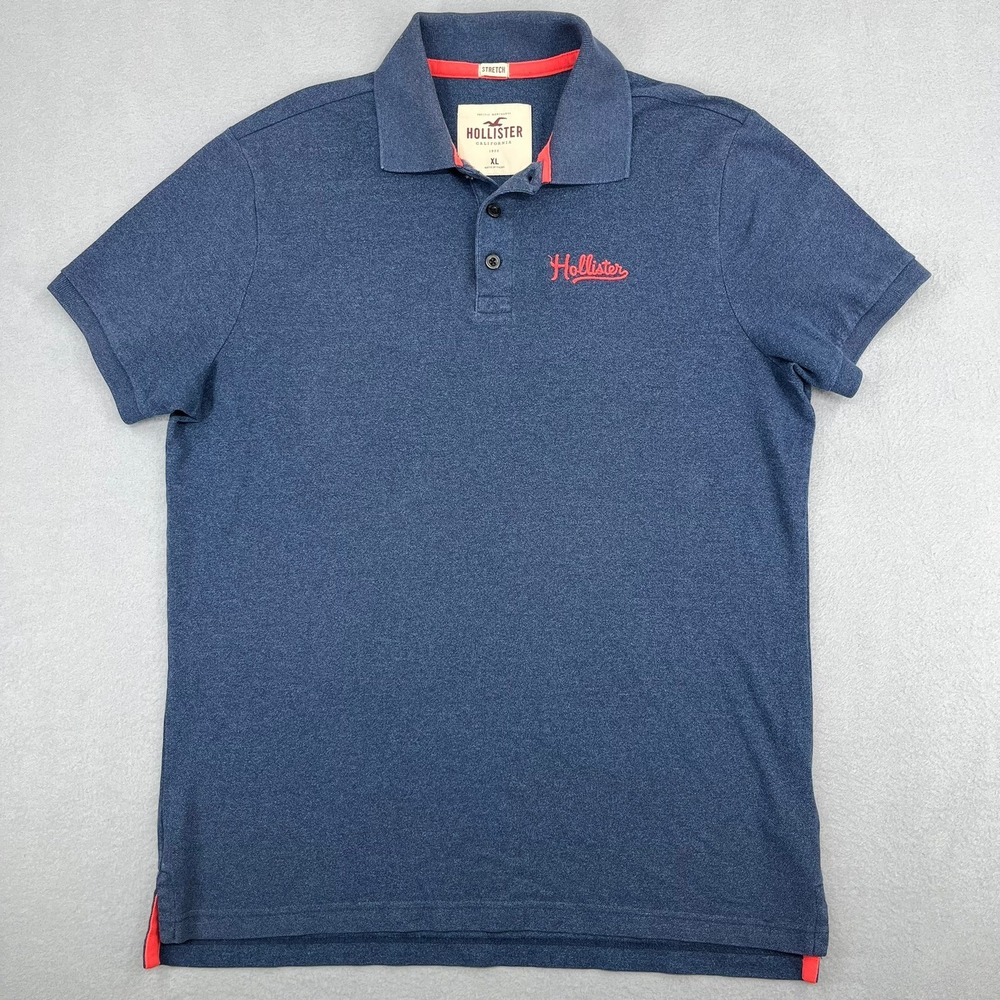 Hollister Mens XL Blue Heathered Stretch Short Sleeve Polo Shirt Red Logo Slim